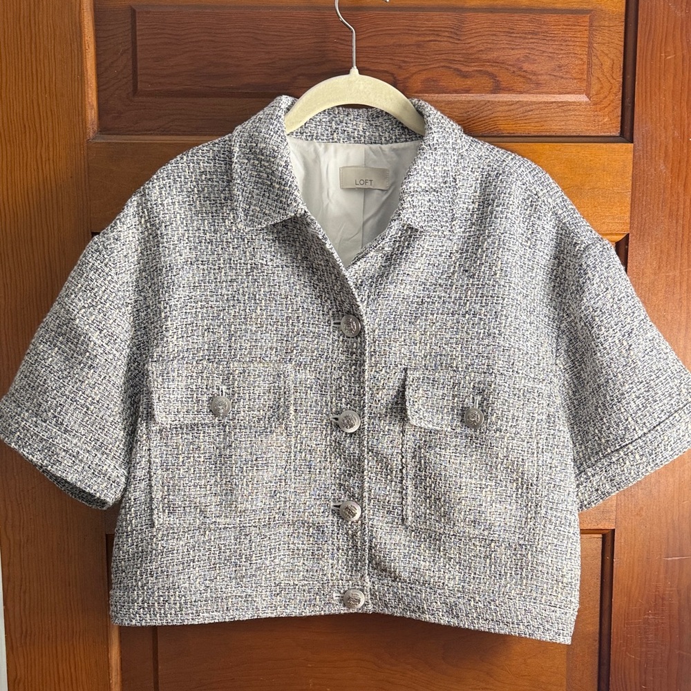 LOFT Short-Sleeve Tweed cropped Jacket in Gray